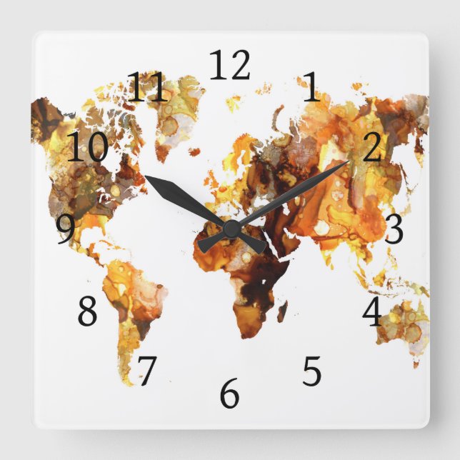 Horloge Carrée Carte du monde Design 102 (Recto)
