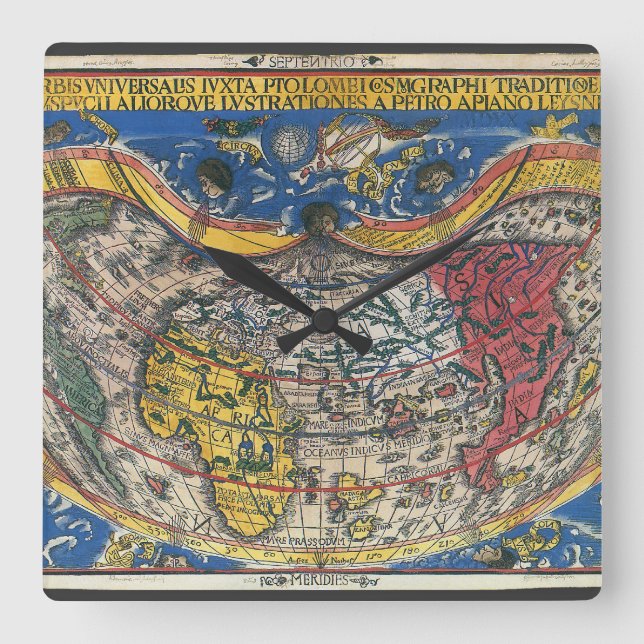 Horloge Carrée Carte du monde en forme de coeur antique par Peter (Recto)