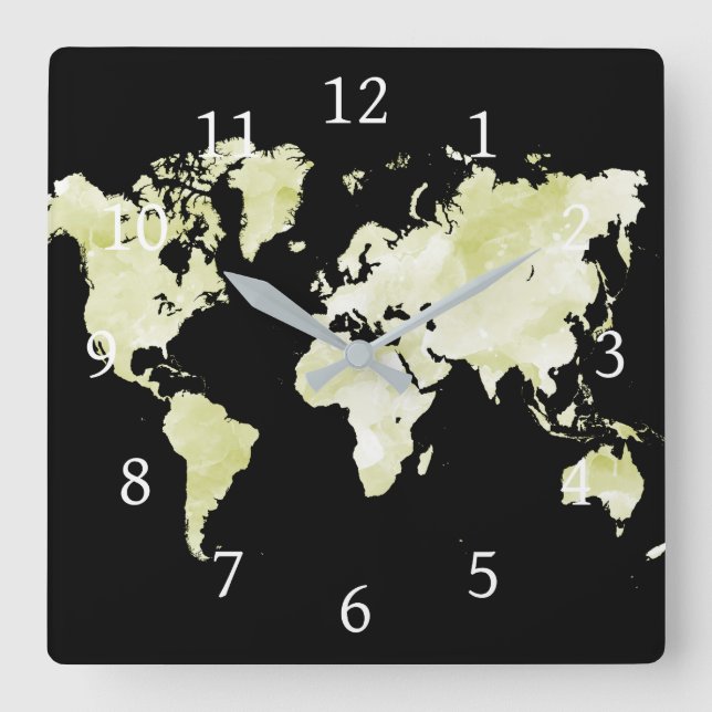 Horloge Carrée Carte du monde noir 73 (Recto)