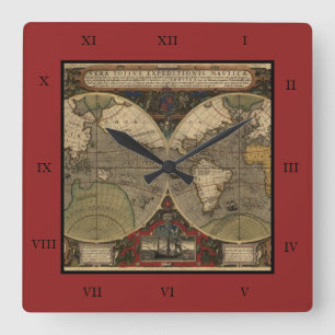 Horloge Carrée Carte du monde Vintage 1595 par Jodocus Hondius