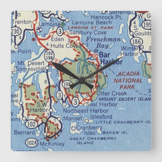 Horloge Carrée Carte du port de Bar et du parc national Acadia (Recto)