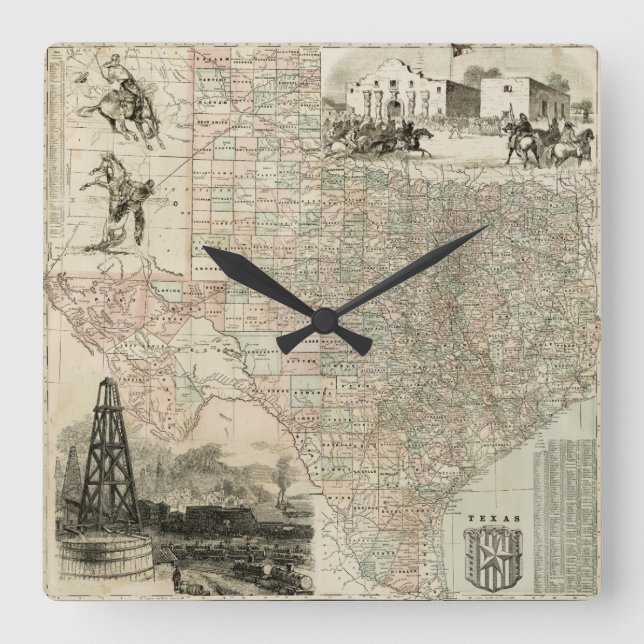 Horloge Carrée Carte du Texas avec des frontières du comté (Recto)