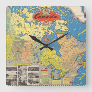 Horloge Carrée Carte imagée du Canada - points de repère