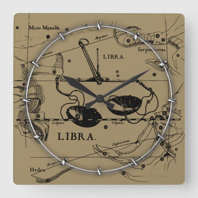 Horloge Carrée Carte Libra Constellation Hevelius 1690 Décor (Recto)