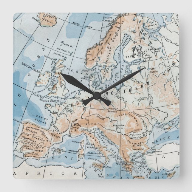Horloge Carrée Carte physique de l'Europe (1916) (Recto)