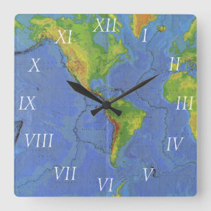 Horloge Carrée Carte physique du monde 1994 - plaques tectoniques