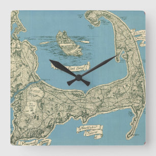 Horloge Carrée Carte vintage de Cape Cod (1945)