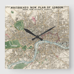 Horloge Carrée Carte vintage de Londres, Angleterre (1853)