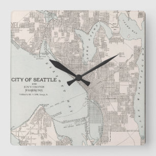 Horloge Carrée Carte vintage de Seattle Washington (1901)