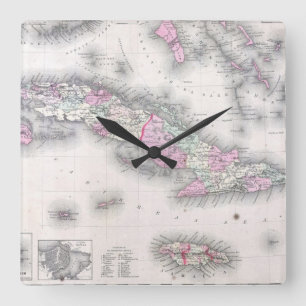 Horloge Carrée Carte vintage du Cuba (1861)