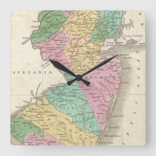 Horloge Carrée Carte vintage du New Jersey (1827)