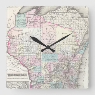 Horloge Carrée Carte vintage du Wisconsin (1855)