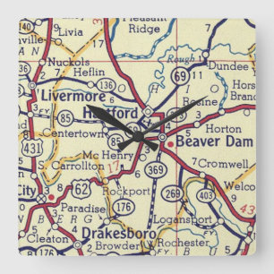 Horloge Carrée Carte Vintage Hartford KY