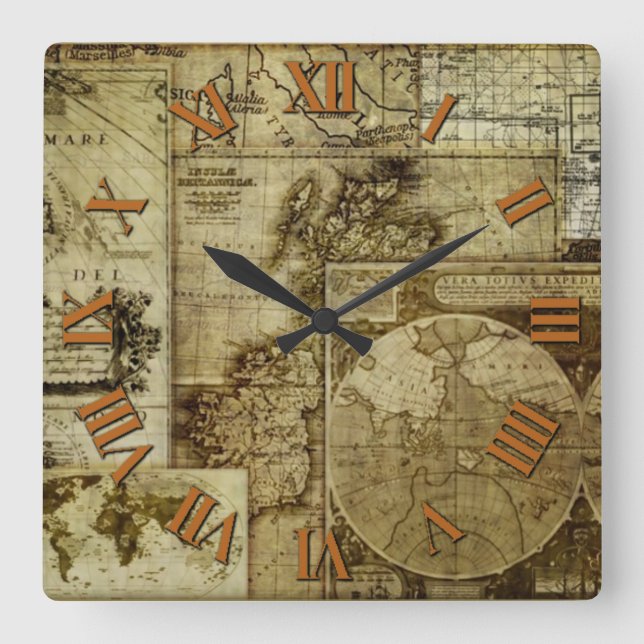 Horloge Carrée Cartes anciennes et vintage de l'ancien monde (Recto)