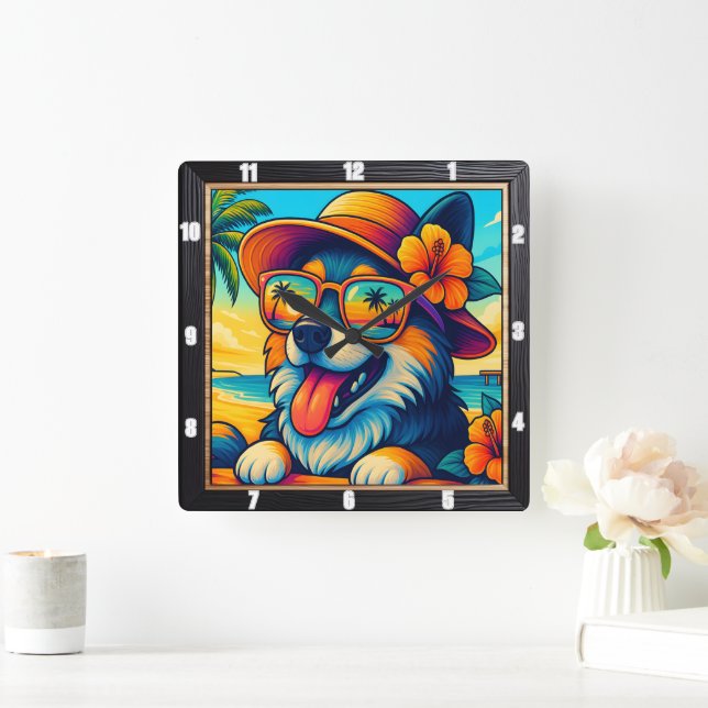 Horloge Carrée Carton de lunettes de soleil de chien tropical (Maison)