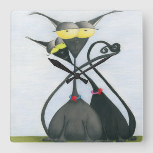 Horloge Carrée Cartoon de chats gris et noir