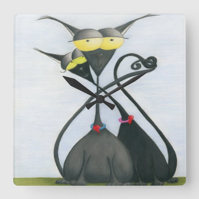 Horloge Carrée Cartoon de chats gris et noir (Recto)