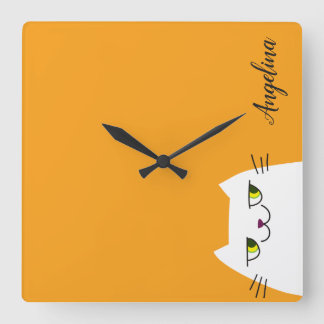 Horloge Carrée Cartoon Funny White Cat Monogram Yellow
