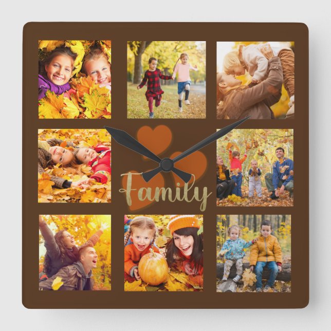 Horloge Carrée Cas Autumn 8 Photo Brown Gold Orange Heart Family (Recto)