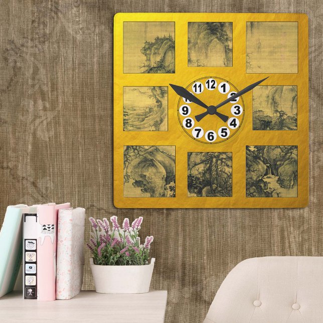 Horloge Carrée Cascade et début du printemps par Guo Xi, Art chin (Créateur téléchargé)