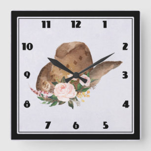 Horloge Carrée Casquette Brown Cowgirl avec fleurs roses