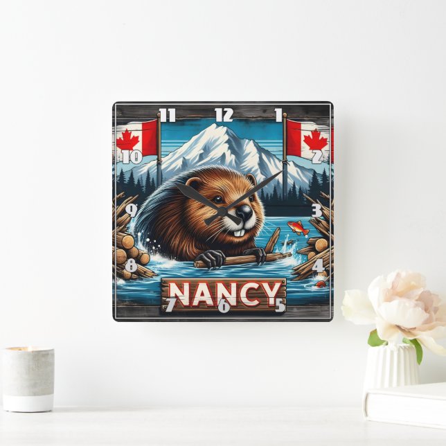 Horloge Carrée Castor avec bâton par drapeaux canadiens (Maison)