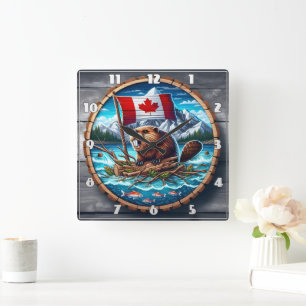 Horloge Carrée Castor canadien avec drapeau dans le paysage monta