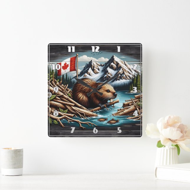 Horloge Carrée Castor canadien avec drapeau de Mountain River (Maison)