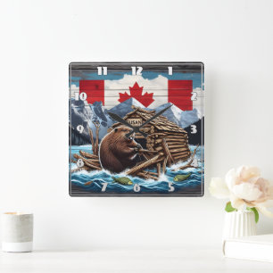 Horloge Carrée Castor canadien avec drapeau et pavillon dans la n