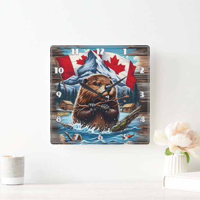 Horloge Carrée Castor canadien avec océan bleu (Maison)