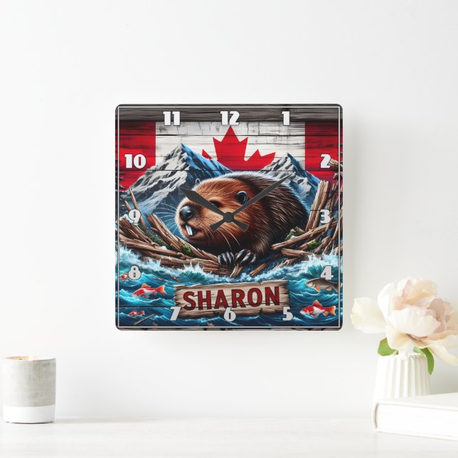 Horloge Carrée Castor par eau avec drapeau canadien (Maison)