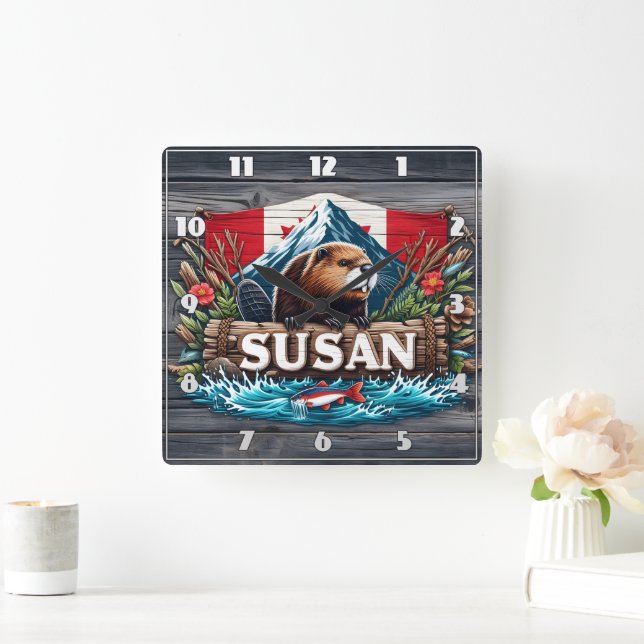 Horloge Carrée Castor rustique par Snowy Mountain (Maison)