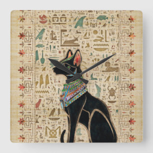 Horloge Carrée Cat égyptien - Bastet sur le papyrus