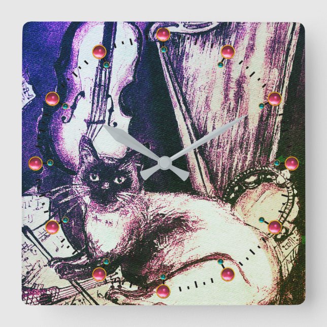 HORLOGE CARRÉE CAT MUSICAL WITH OWL VIOLIN ET HARP (Recto)