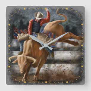 Horloge Carrée Cavalier de Rodéo Cow-boy Taureau Bucking Thème Oc