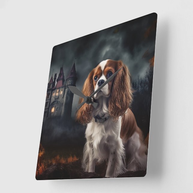Horloge Carrée Cavalier King Charles Spaniel Halloween effrayant (Angle)