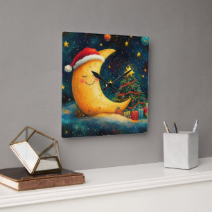 Horloge Carrée Célébration drôle de la Lune de Noël de la Galaxie