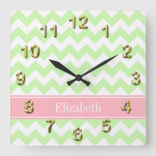 Horloge Carrée Celery White Chevron Pink Nom monogram