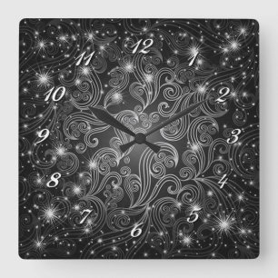 Horloge Carrée Celestial Black & White Swirls et Stars Wall Clock