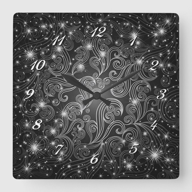 Horloge Carrée Celestial Black & White Swirls et Stars Wall Clock (Recto)