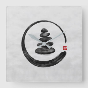 Horloge Carrée Cercle Zen Enso et pierres Zen - Aquarelle