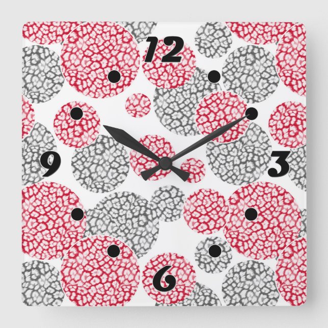 Horloge Carrée Cercles avec imprimé léopard gris et rouge (Recto)
