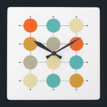 Horloge Carrée Cercles De Crème Turquoise Orange Sur Grille Mi-Si<br><div class="desc">Cette horloge carré moderne du milieu du siècle funky est lumineuse et joyeuse... ajoutez un peu de plaisir à votre mur avec ce design moyen-moderne avec deux nuances d'orange,  bleu turquoise,  crème,  cercles bronzés,  sur des lignes en grille noire.</div>