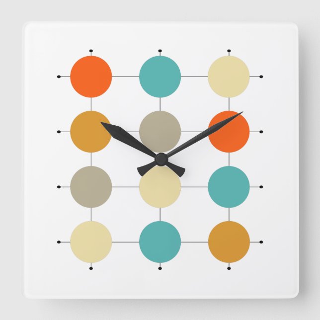 Horloge Carrée Cercles De Crème Turquoise Orange Sur Grille Mi-Si (Recto)