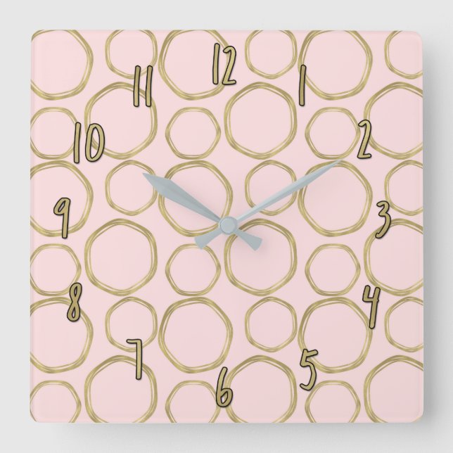 Horloge Carrée Cercles d'or & Blushing rose moderne tendance chic (Recto)