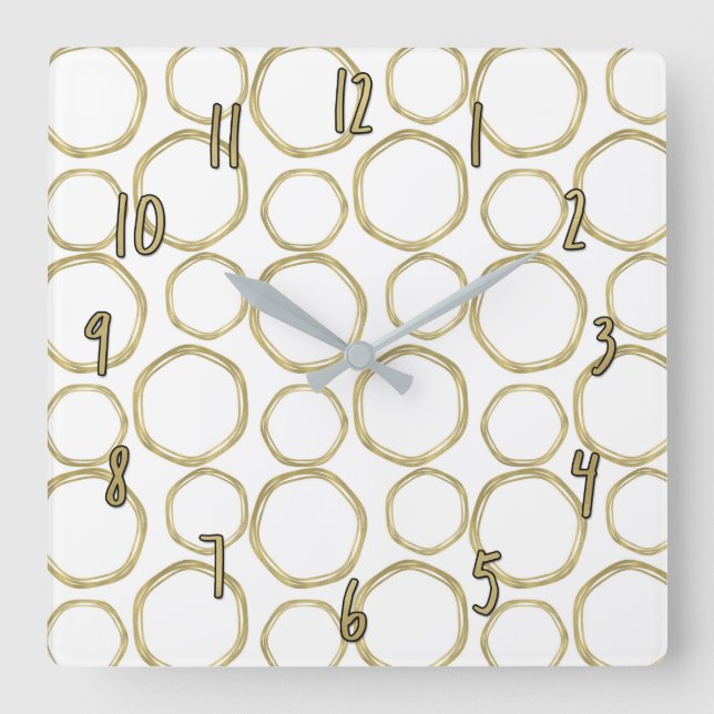 Horloge Carrée Cercles dorés et blanc moderne tendance chic (Recto)