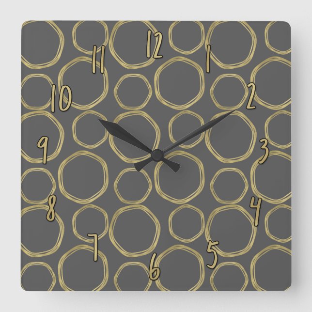 Horloge Carrée Cercles dorés et gris, moderne, tendance, chic (Recto)