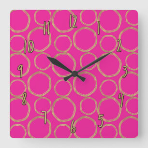 Horloge Carrée Cercles dorés et rose chaud Moderne Tendance Chic