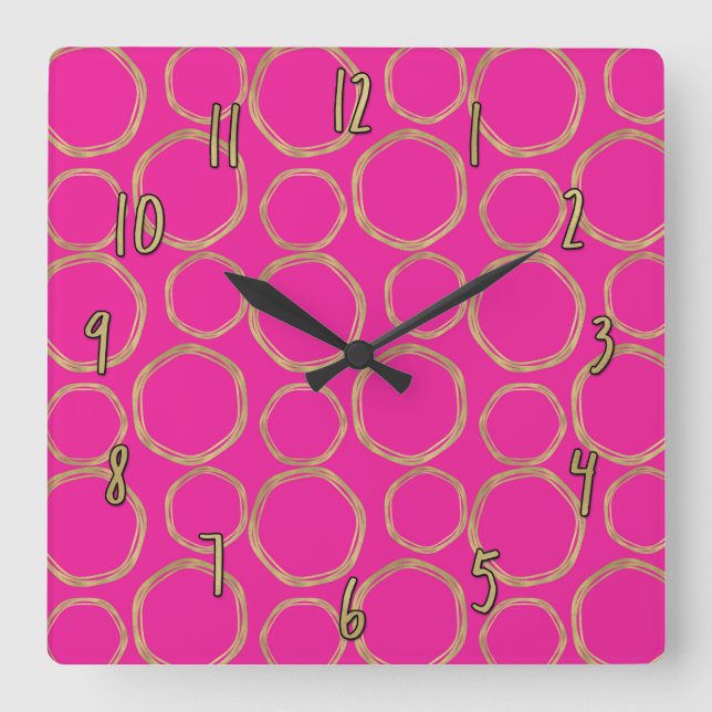 Horloge Carrée Cercles dorés et rose chaud Moderne Tendance Chic (Recto)