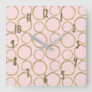 Horloge Carrée Cercles dorés et rose rougissant Moderne Tendance 